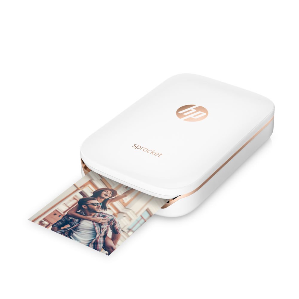 HP Sprocket Photo Printer (White), Left facing, with output